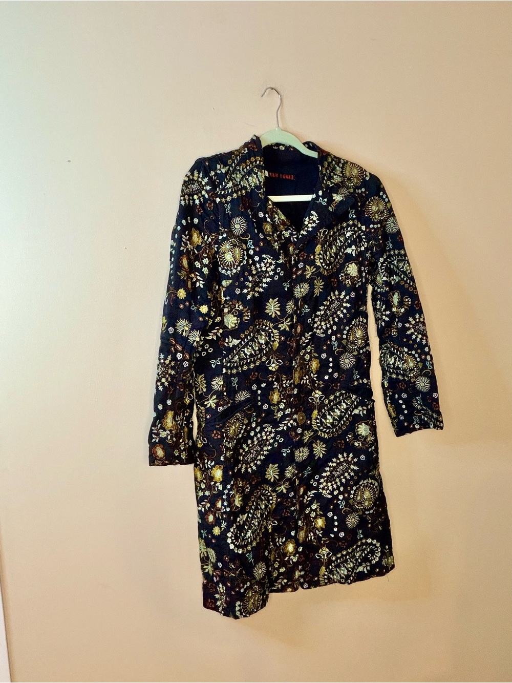 Johnny Was Black Floral Paisley Trench Coat with Gold and Cream Accents